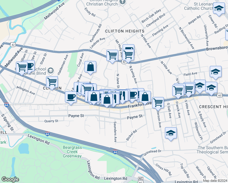 map of restaurants, bars, coffee shops, grocery stores, and more near 2220 Sycamore Avenue in Louisville