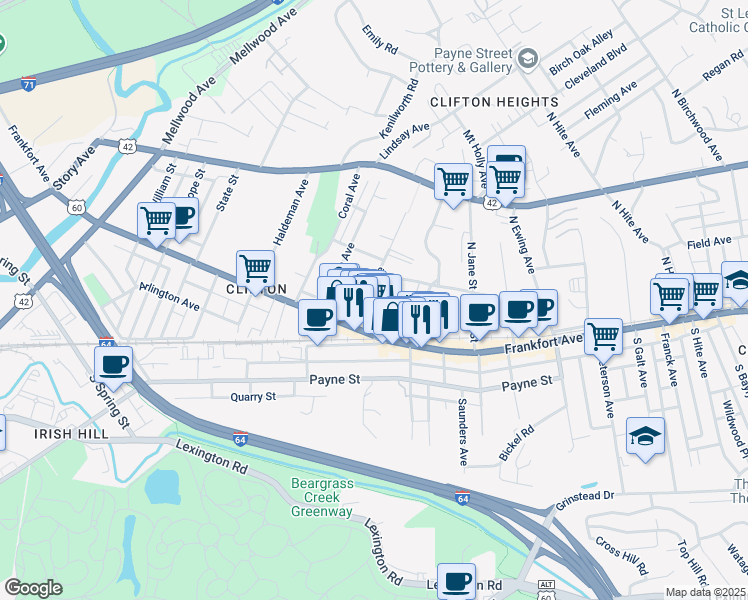 map of restaurants, bars, coffee shops, grocery stores, and more near 2133 Frankfort Avenue in Louisville
