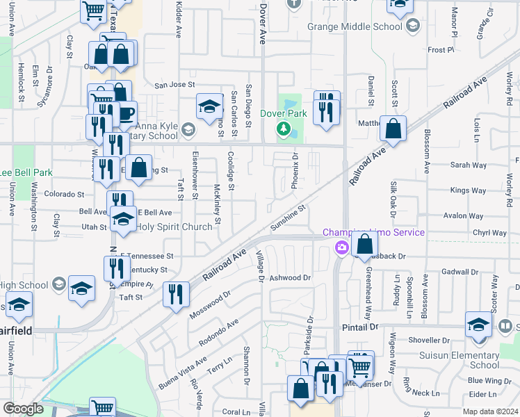 map of restaurants, bars, coffee shops, grocery stores, and more near 1218 East Tennessee Street in Fairfield