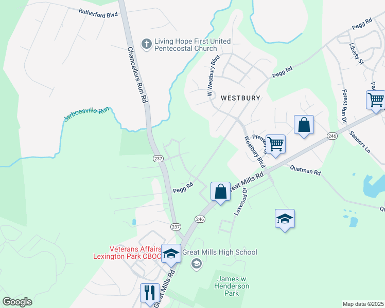 map of restaurants, bars, coffee shops, grocery stores, and more near 45899 Fox Chase Drive in Great Mills