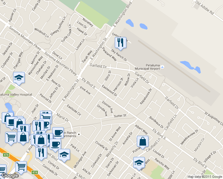 map of restaurants, bars, coffee shops, grocery stores, and more near 432 Eastwood Drive in Petaluma