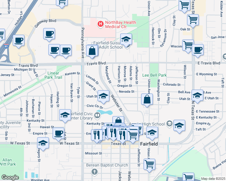 map of restaurants, bars, coffee shops, grocery stores, and more near 1301 Maryland Street in Fairfield