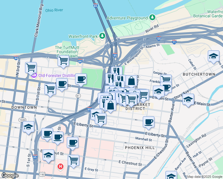 map of restaurants, bars, coffee shops, grocery stores, and more near 609 East Main Street in Louisville