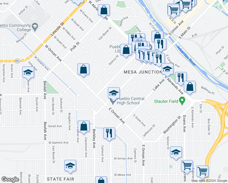 map of restaurants, bars, coffee shops, grocery stores, and more near 11 East Grant Avenue in Pueblo