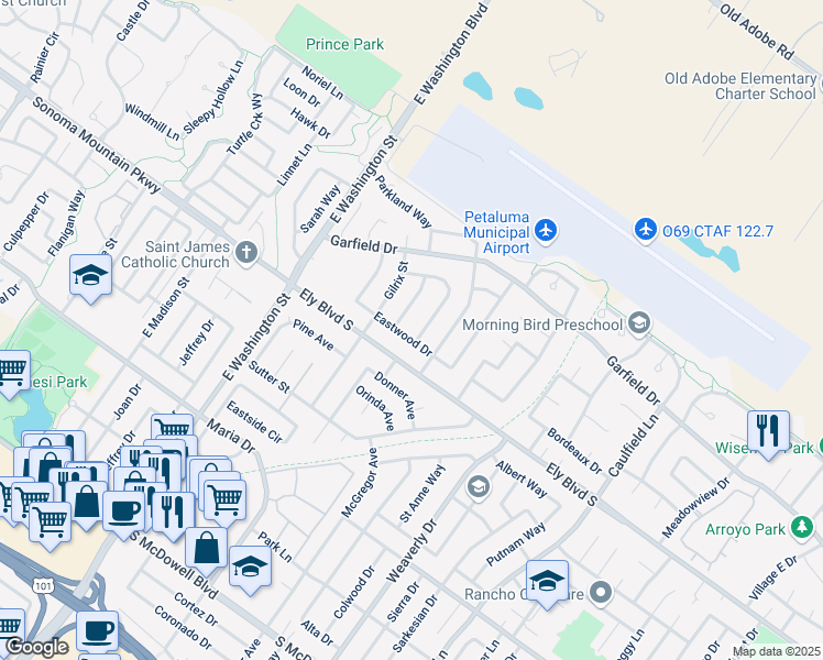 map of restaurants, bars, coffee shops, grocery stores, and more near 432 Eastwood Drive in Petaluma