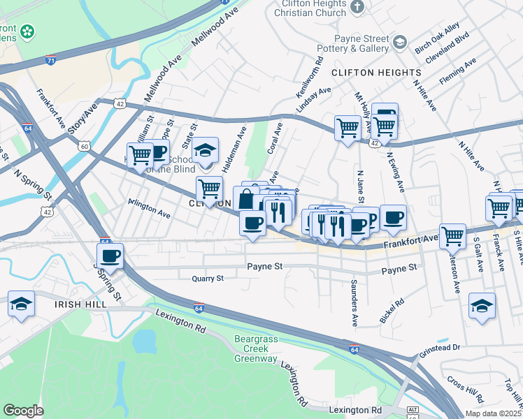 map of restaurants, bars, coffee shops, grocery stores, and more near 2012 Frankfort Avenue in Louisville