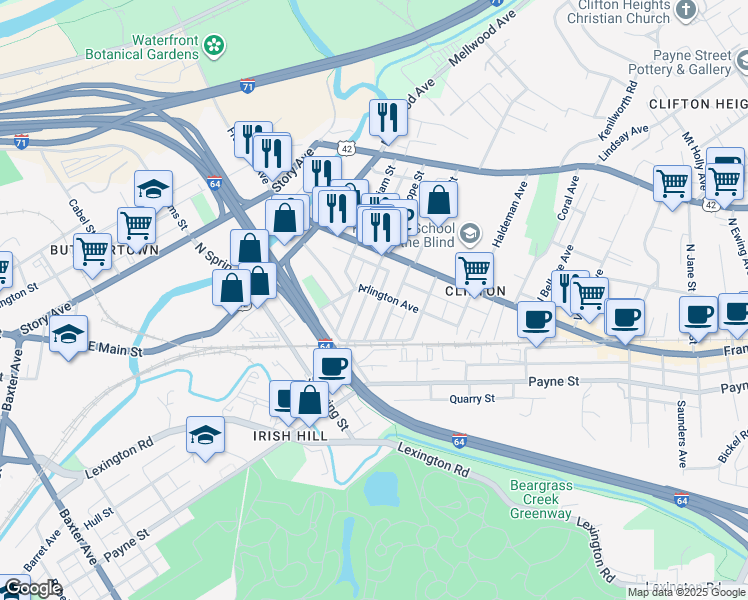 map of restaurants, bars, coffee shops, grocery stores, and more near 125 Pope Street in Louisville