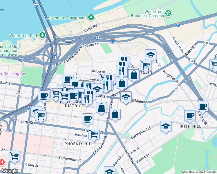 map of restaurants, bars, coffee shops, grocery stores, and more near 1001 Story Avenue in Louisville
