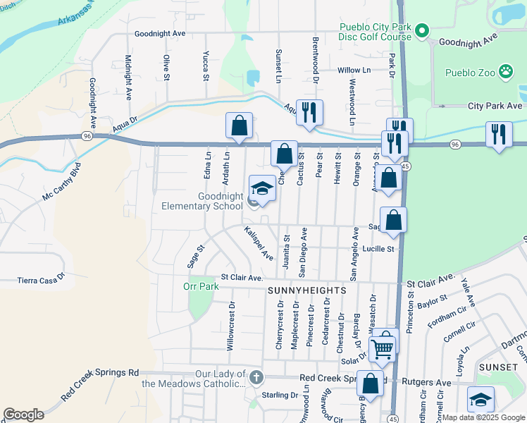 map of restaurants, bars, coffee shops, grocery stores, and more near 624 Windy Way in Pueblo