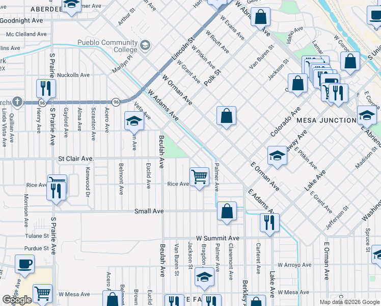 map of restaurants, bars, coffee shops, grocery stores, and more near 703 Jackson Street in Pueblo