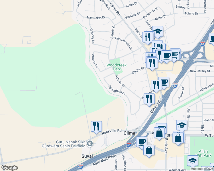 map of restaurants, bars, coffee shops, grocery stores, and more near 3495 Springfield Drive in Fairfield