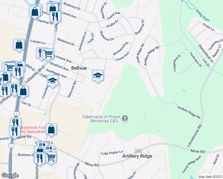 map of restaurants, bars, coffee shops, grocery stores, and more near 10815 Ann Davis Drive in Fredericksburg