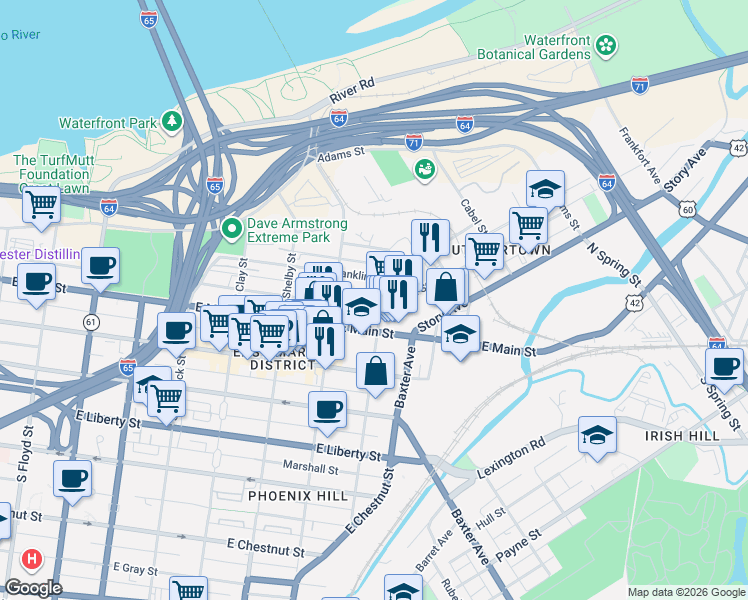 map of restaurants, bars, coffee shops, grocery stores, and more near 937 East Main Street in Louisville