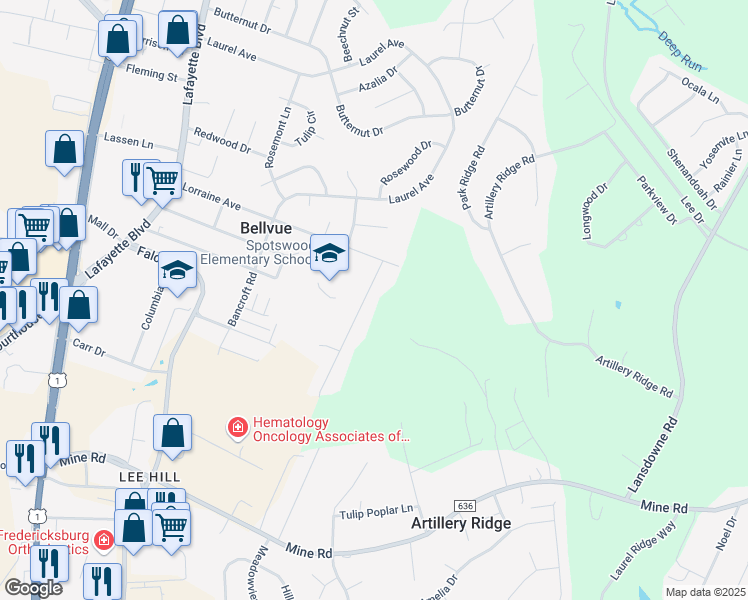 map of restaurants, bars, coffee shops, grocery stores, and more near 10815 Ann Davis Drive in Fredericksburg