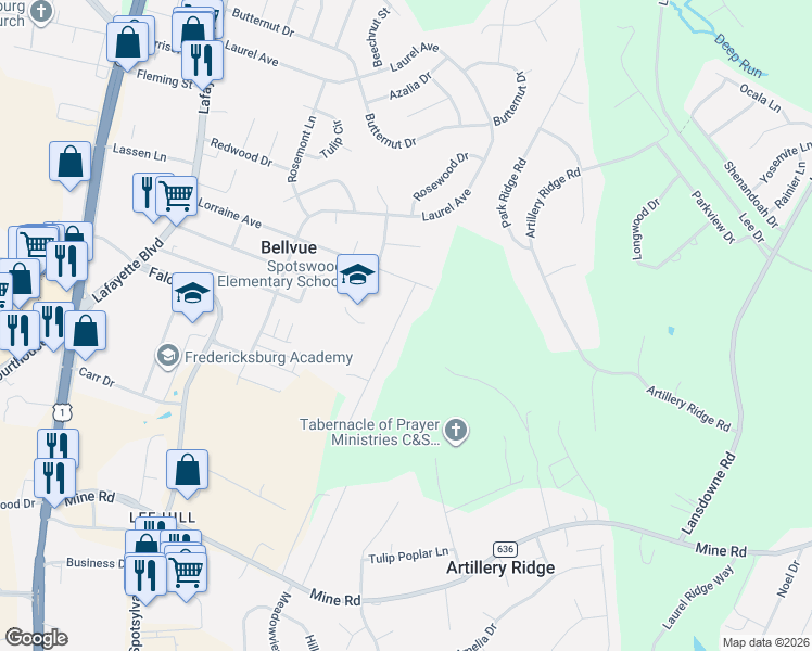 map of restaurants, bars, coffee shops, grocery stores, and more near 10815 Ann Davis Drive in Fredericksburg