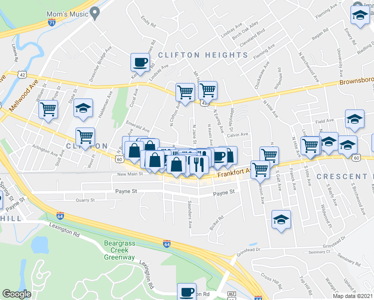 map of restaurants, bars, coffee shops, grocery stores, and more near 2220 Sycamore Avenue in Louisville