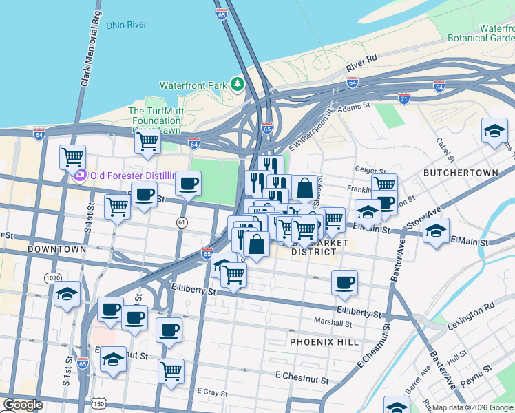 map of restaurants, bars, coffee shops, grocery stores, and more near 101 South Hancock Street in Louisville