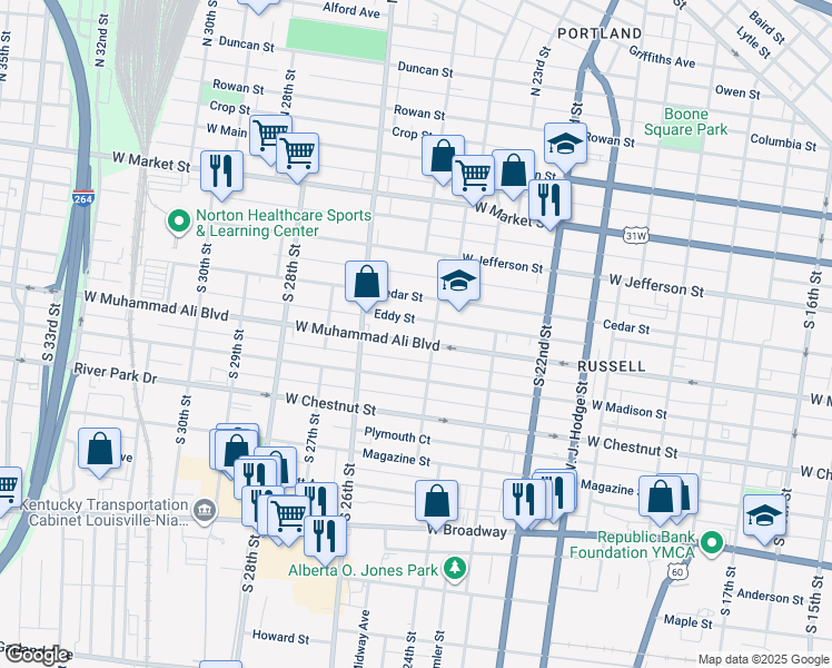 map of restaurants, bars, coffee shops, grocery stores, and more near 2413 West Muhammad Ali Boulevard in Louisville
