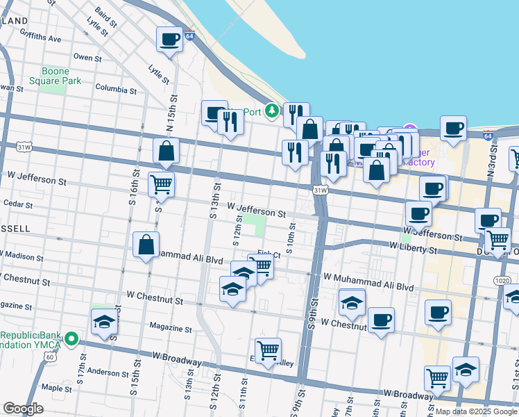 map of restaurants, bars, coffee shops, grocery stores, and more near 216 South 11th Street in Louisville