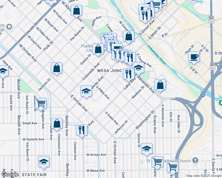 map of restaurants, bars, coffee shops, grocery stores, and more near 217 East Routt Avenue in Pueblo
