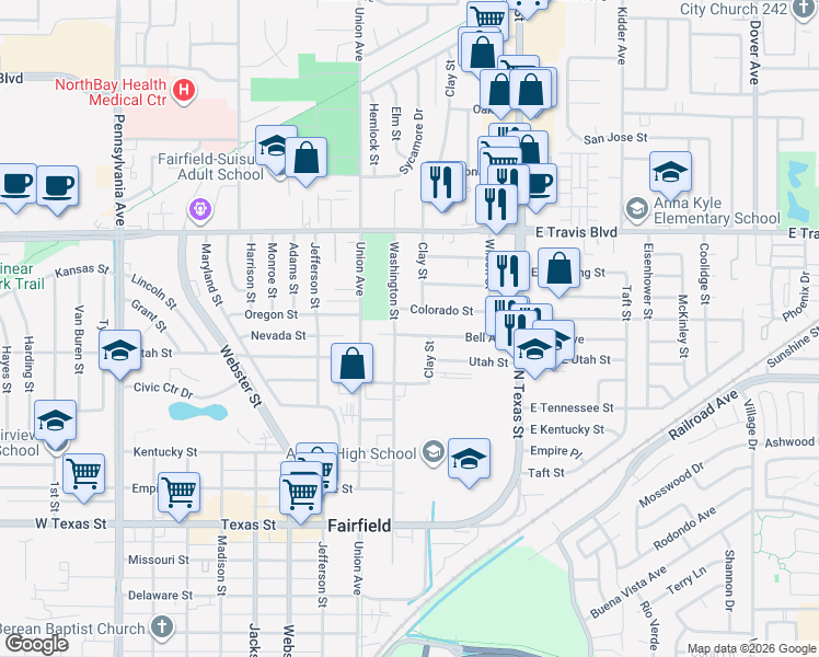 map of restaurants, bars, coffee shops, grocery stores, and more near 424 Colorado Street in Fairfield