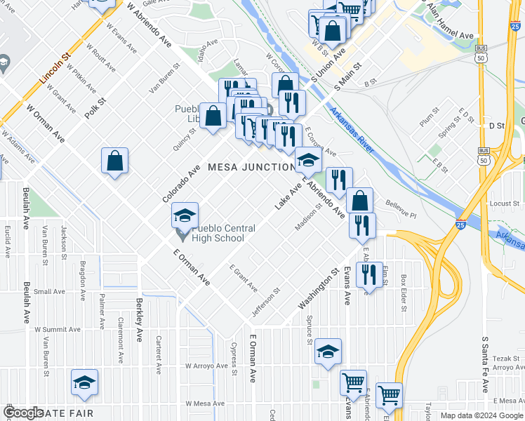 map of restaurants, bars, coffee shops, grocery stores, and more near 318 East Routt Avenue in Pueblo