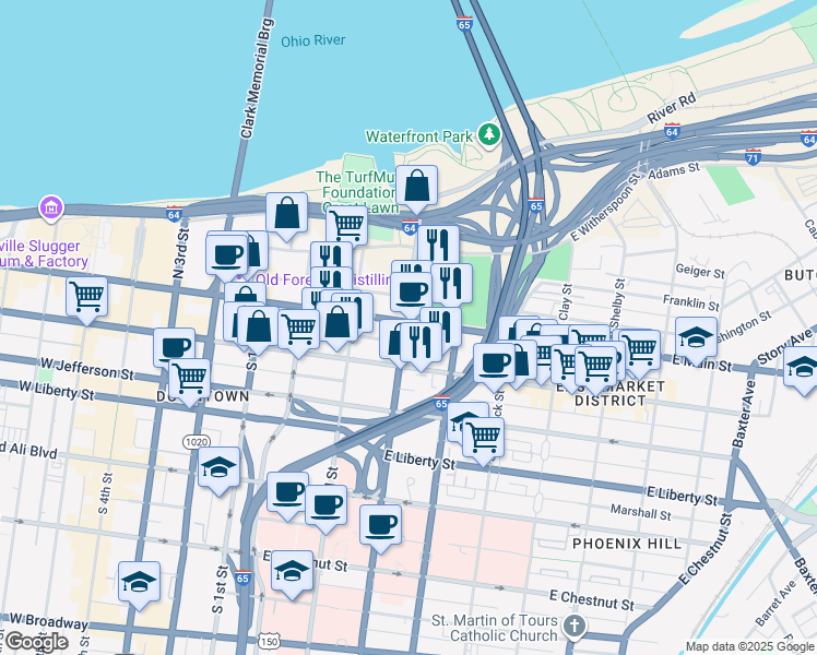 map of restaurants, bars, coffee shops, grocery stores, and more near 333 East Main Street in Louisville