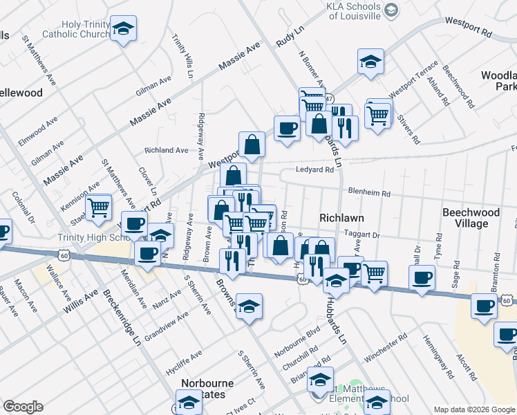 map of restaurants, bars, coffee shops, grocery stores, and more near 165 Thierman Lane in Saint Matthews