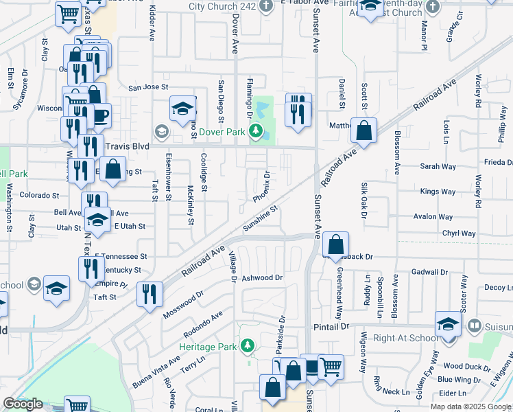 map of restaurants, bars, coffee shops, grocery stores, and more near 1439 Phoenix Drive in Fairfield