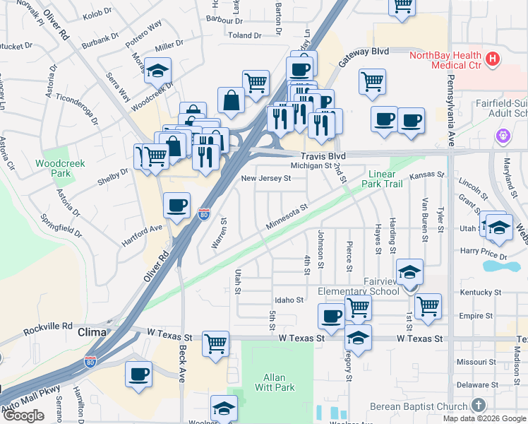 map of restaurants, bars, coffee shops, grocery stores, and more near 1118 Wallace Street in Fairfield