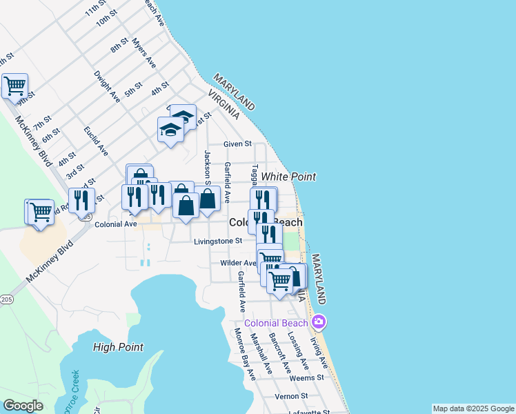 map of restaurants, bars, coffee shops, grocery stores, and more near 517 Taggart Street in Colonial Beach