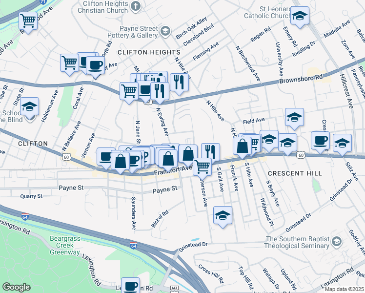 map of restaurants, bars, coffee shops, grocery stores, and more near 134 North Peterson Avenue in Louisville