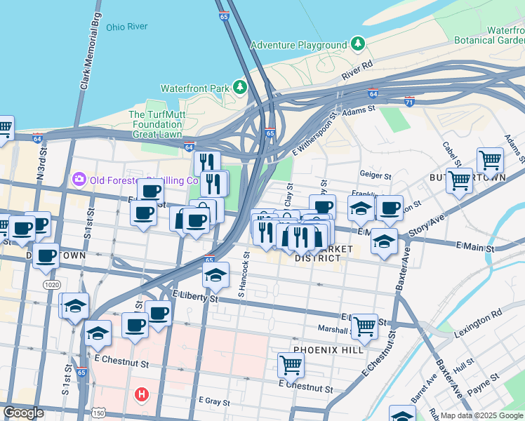 map of restaurants, bars, coffee shops, grocery stores, and more near 601 East Washington Street in Louisville