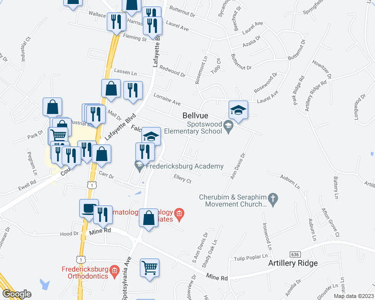 map of restaurants, bars, coffee shops, grocery stores, and more near 4507 Bancroft Road in Fredericksburg