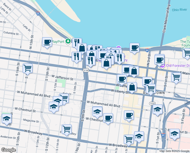 map of restaurants, bars, coffee shops, grocery stores, and more near 214 South 8th Street in Louisville