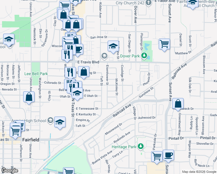 map of restaurants, bars, coffee shops, grocery stores, and more near 501 East Colorado Street in Fairfield