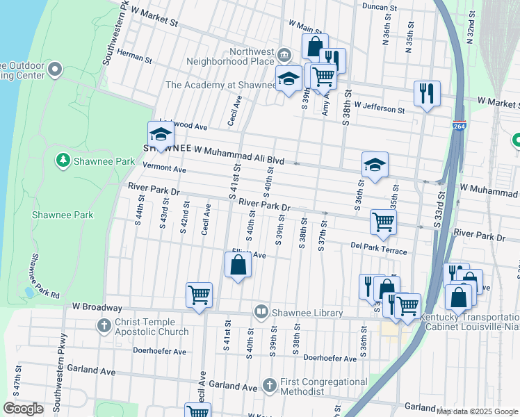 map of restaurants, bars, coffee shops, grocery stores, and more near 4019 River Park Drive in Louisville