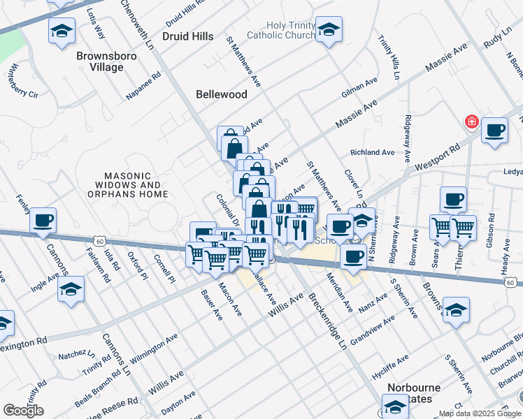 map of restaurants, bars, coffee shops, grocery stores, and more near 153 Chenoweth Lane in Louisville