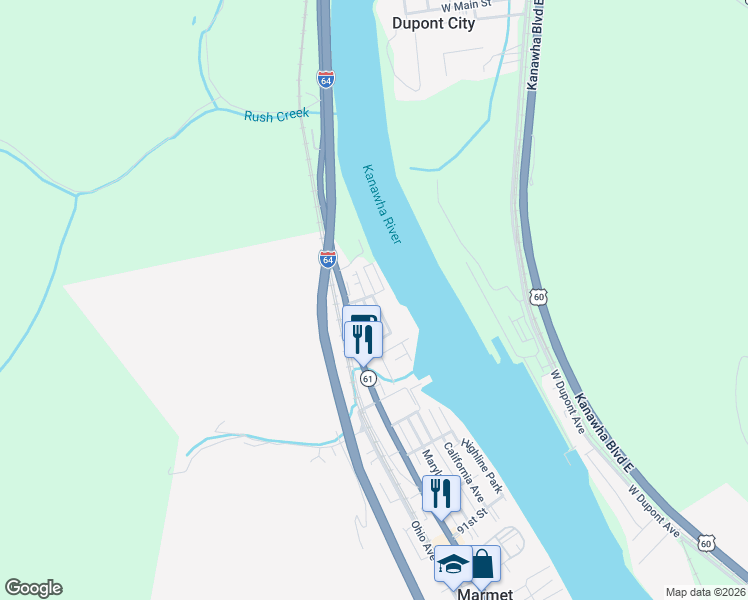 map of restaurants, bars, coffee shops, grocery stores, and more near Carolina Ave in Marmet
