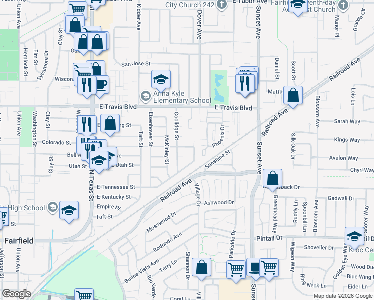 map of restaurants, bars, coffee shops, grocery stores, and more near 1310 Coolidge Street in Fairfield