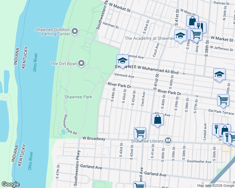 map of restaurants, bars, coffee shops, grocery stores, and more near 4322 River Park Drive in Louisville