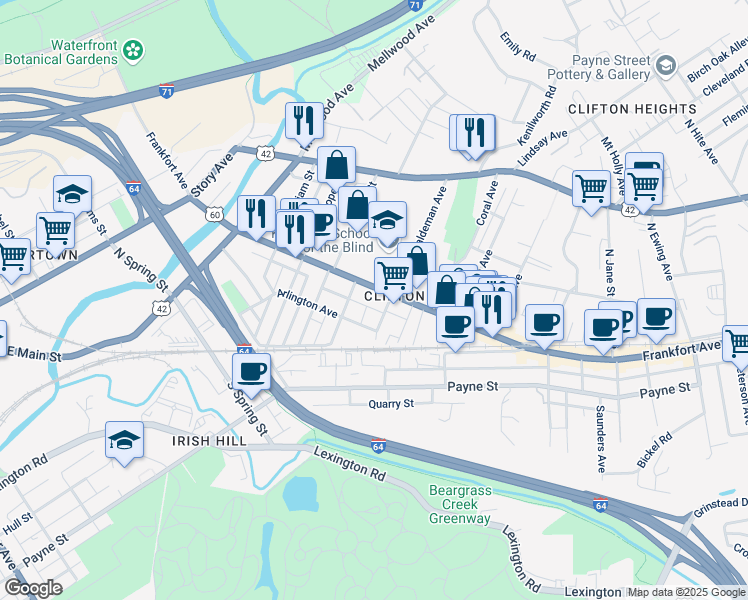 map of restaurants, bars, coffee shops, grocery stores, and more near 1870 Frankfort Avenue in Louisville