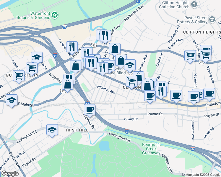 map of restaurants, bars, coffee shops, grocery stores, and more near 143 State Street in Louisville