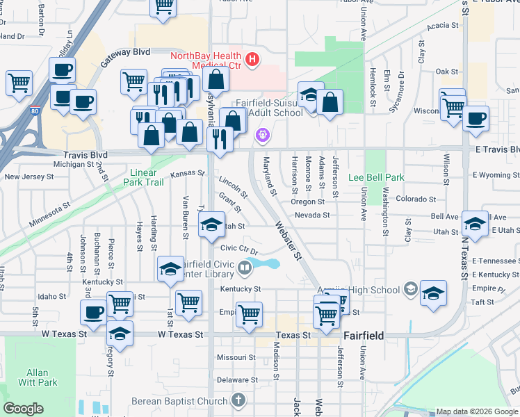 map of restaurants, bars, coffee shops, grocery stores, and more near 1216 Lincoln Street in Fairfield