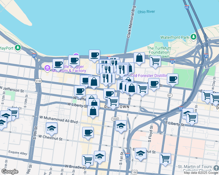 map of restaurants, bars, coffee shops, grocery stores, and more near 120 South 3rd Street in Louisville