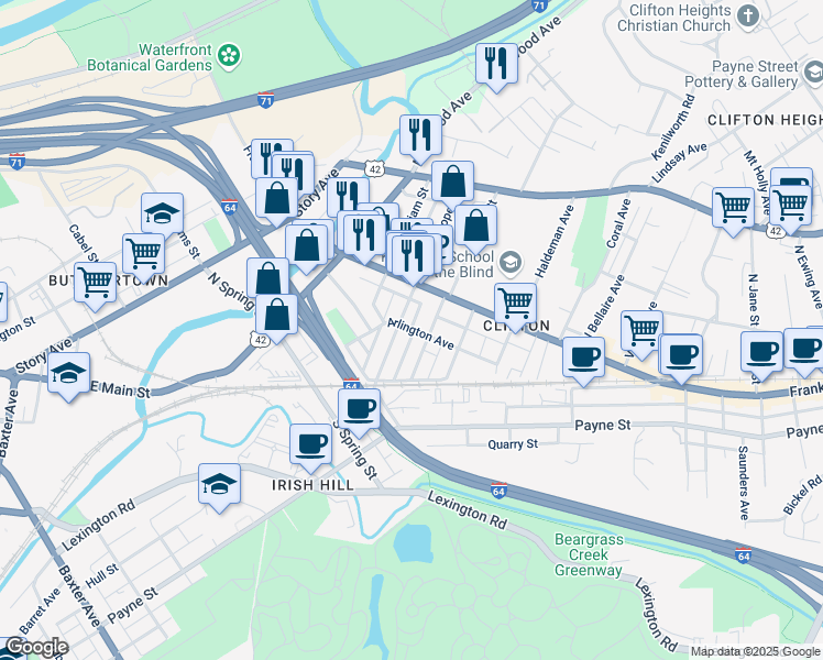map of restaurants, bars, coffee shops, grocery stores, and more near Arlington Avenue in Louisville