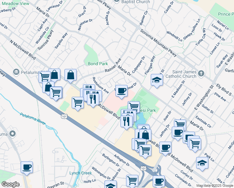 map of restaurants, bars, coffee shops, grocery stores, and more near 6 Park Place Drive in Petaluma