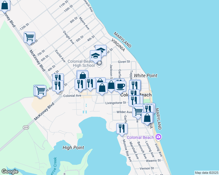 map of restaurants, bars, coffee shops, grocery stores, and more near 520 Jackson Street in Colonial Beach