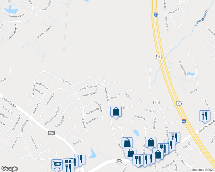 map of restaurants, bars, coffee shops, grocery stores, and more near 5226 Leavells Crossing Drive in Fredericksburg