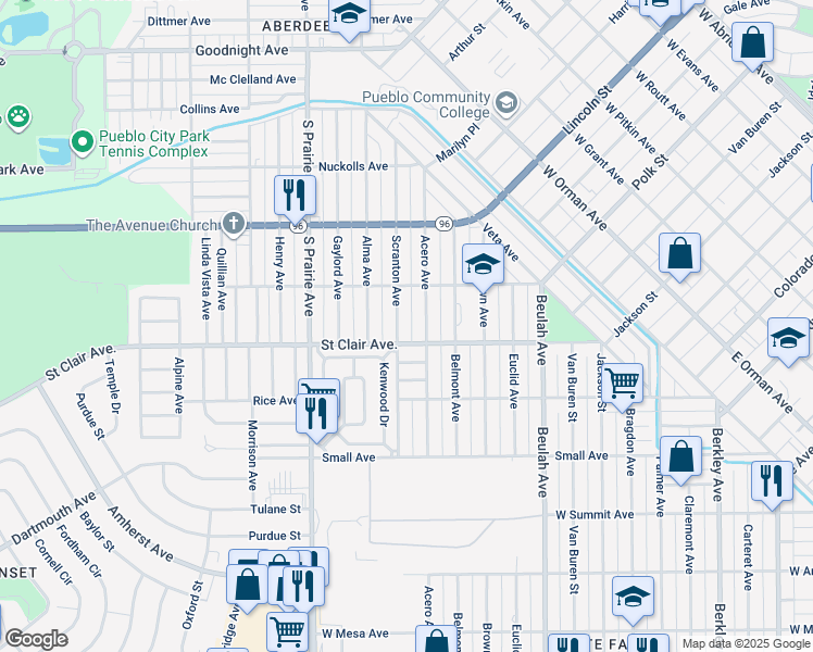 map of restaurants, bars, coffee shops, grocery stores, and more near 618 Scranton Avenue in Pueblo